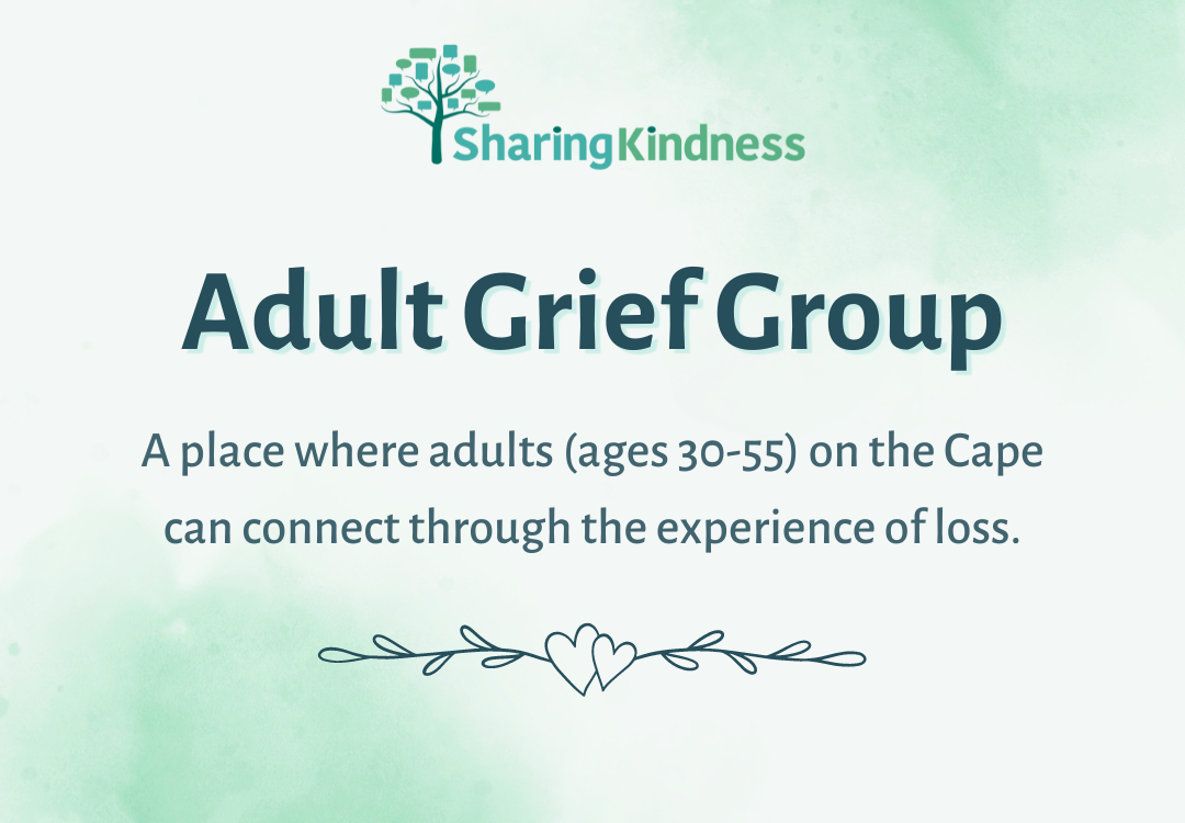 White graphic with teal and green splotches and an image of two hands intersecting inside a blue heart. Underneath the heart is the following text: "Family Grief Groups: peer support for families grieving the loss of a loved one on Cape Cod. Made possible by funding from the Parent Information Network (PIN)."