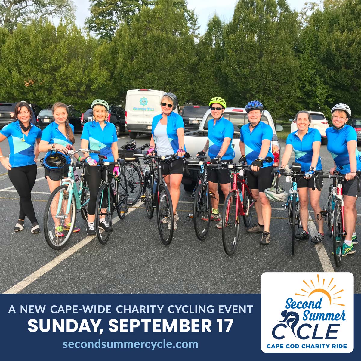 Image of a group of cyclists with light blue shirts on posing for a photo. Beneath the photo are the words "A new Cape-wide charity cycling event: Sunday, September 17; secondsummercycle.com" beside the Second Summer Cycle logo