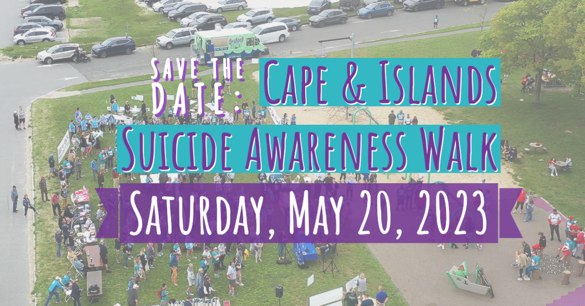 Bird's eye view of the 2022 walk with the text: "Save the date: Cape & Islands Suicide Awareness Walk - Saturday, May 20, 2023